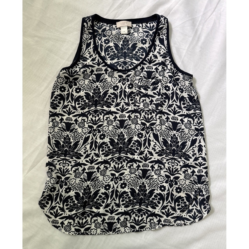 LOFT Sleeveless Tank Top Women's Size XS Navy Blue White Pullover w/ Pocket Boho